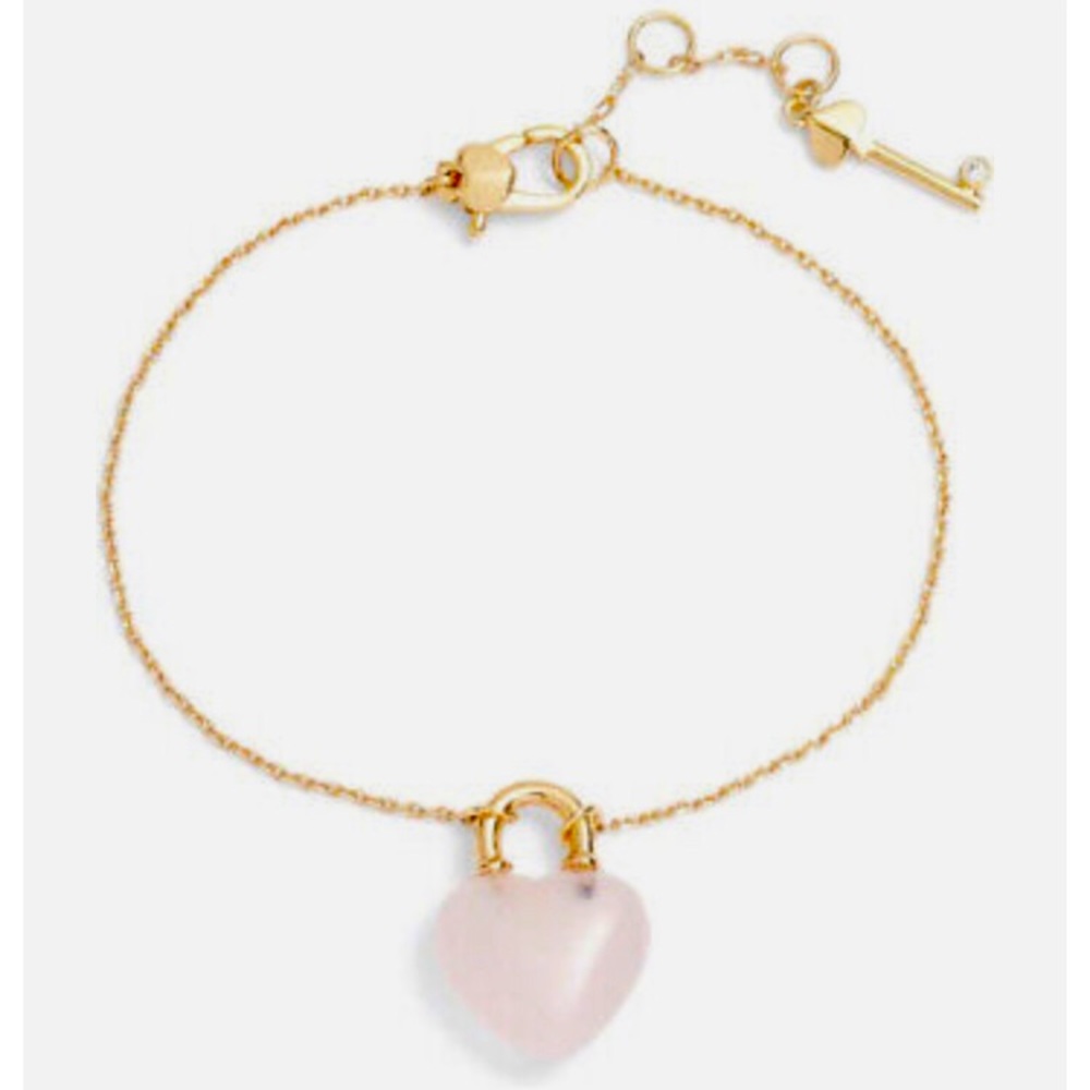 NWT KATE SPADE Rose Quartz Pink Stone Heart Lock Key Charm Bracelet